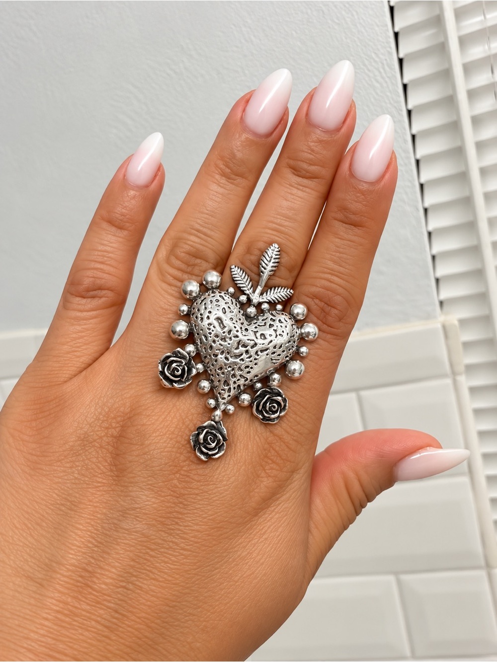 Sterling Silver Heart Floral Ring - Silver